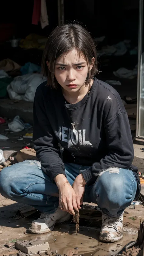 aespakarina,bobcut,beggar,beggar,(((homeless))),in abandoned style room,crouching,angry face,bad complexion,dirty,full of trash,...