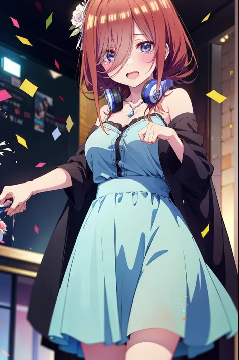 Miku Nakano, Miku Nakano, Long Hair, bangs, Brown Hair, shirt, Hair between the eyes, cardigan, Headphones around neck,tiara,Star Hair Ornament,smile,blush,Blue Dress,Long skirt,Red Pin Heel,No sleeve,Expose your shoulders,Bare arms,Bare neck,bare clavicle...