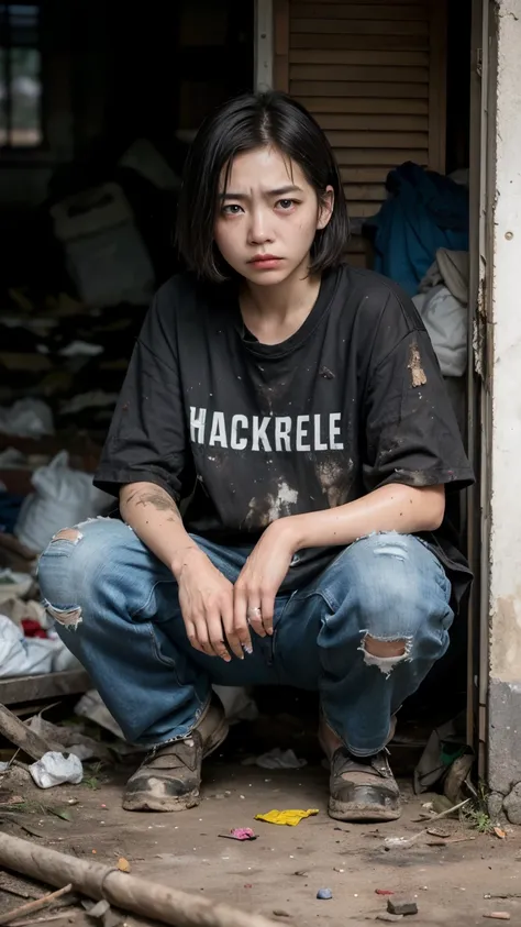 aespakarina,bobcut,beggar,beggar,(((homeless))),in abandoned style room,crouching,angry face,bad complexion,dirty,full of trash,...