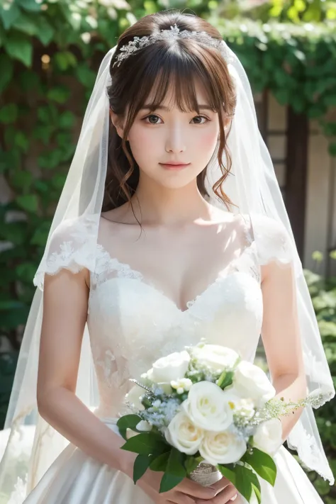 Masterpiece, Top Quality, Raw Photo, Beautiful Girl, (Beautiful, Delicate Girl:1.3), (18yrs:1.3), Very Fine Eye Definition, (Wedding Gown:1.3), Brown Eyes, Parted Bangs, Beautiful Girl, (Eye and Face Detail:1.0), Pale, (Immaculate), Light Makeup, Embarrass...