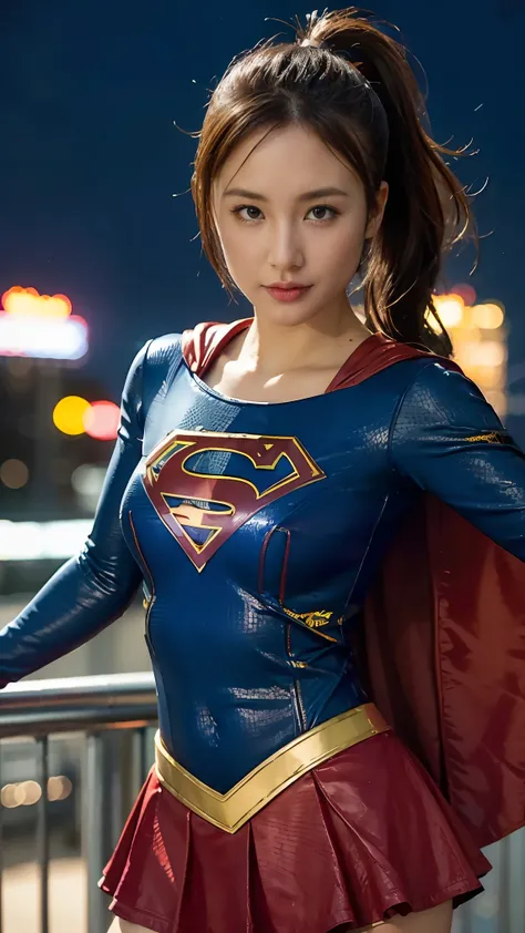 (Supergirl DC comics), Upper body shot, portrait photography, high contrast, vibrant colors, neon at night lights, best quality, masterpiece, sharp lines, 1girl, solo, looking at viewer, nice body suit supergirl with mini skirt, superhero style, ponytail h...