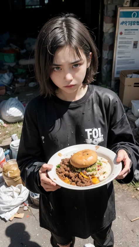 eating emergency food with gusto,aespakarina,bobcut,beggar,beggar,(((homeless))),in abandoned style room,bad complexion,dirty,fu...