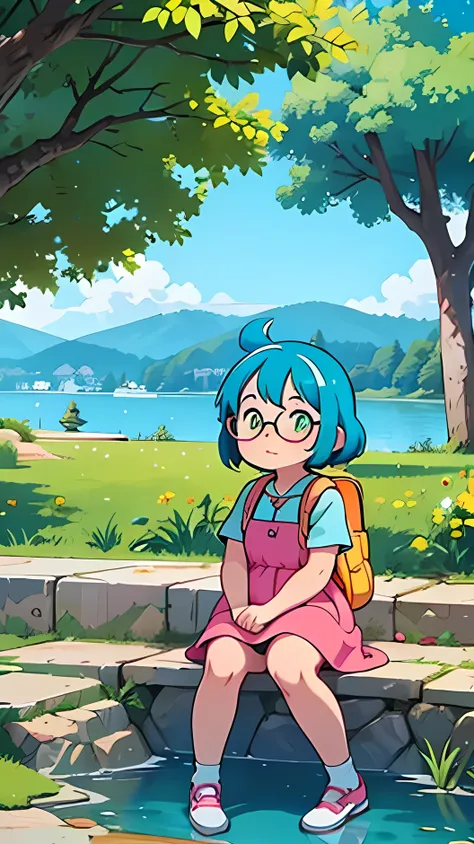 chubby white girl with blue hair, yellow colour eyes, glasses, backpack, pink dress, sitting in park, lake