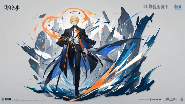 masterpiece, highres, best quality, male, solo, white shirt, short hair, blonde hair, orange eyes, smile facial, dark blue coat,...