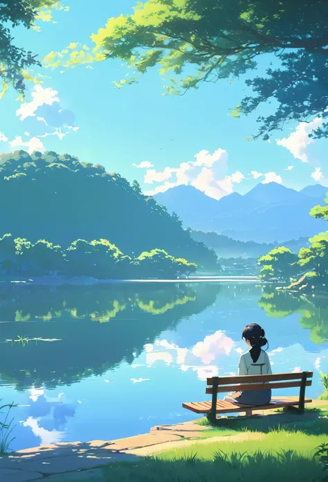 There is a woman sitting on a bench by the lake., Beautiful peaceful scene in anime, Gweiz-style artwork, Makoto Shinkai and Tom Bagshaw, Beautiful digital art, Beautiful anime scene, Gentle illustration, reflection. by makoto shinkai, makoto shinkai cyril...