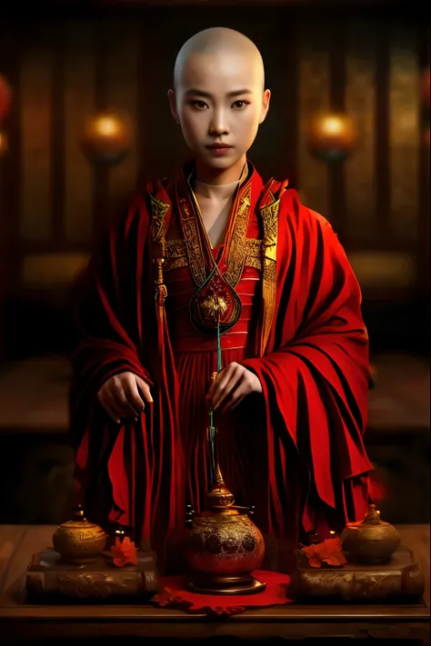 A red-robed Arafed monk was standing at the table eating., 映画のgoddessショット, Portrait of a priestess, Unreal Engine Rendering + goddess, matte painting portrait shot, Wearing a golden red robe, cgsociety uhd 4k highly detailed, Inspired by Lu Ji, 3d renderin...