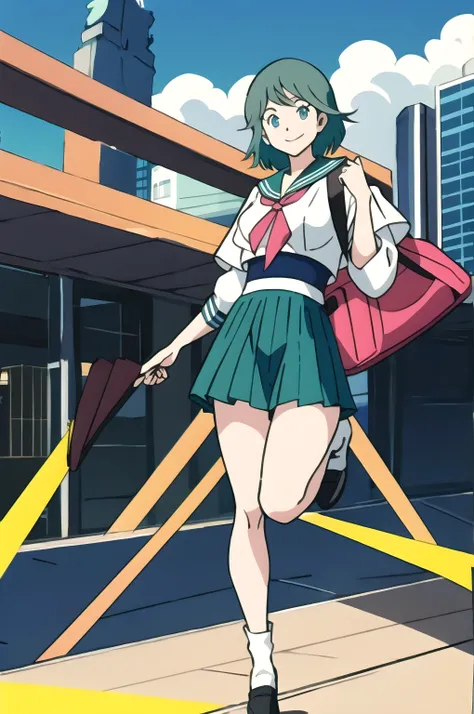 (masterpiece:1.2,highest quality:1.3,Anime Style, Retro art style, Clean brush strokes, Very detailed, Perfect Anatomy, Browsing Caution), Futuristic cityscape, Sofia, alone, One girl, (Are standing, Spread your legs), (Blue-green hair), Medium Hair, Open ...