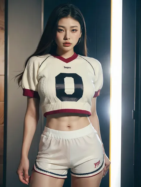 masterpiece, superlative, realistic, jennie wearing trendy football uniforms, knitwear, football shorts, hd, photography lightin...