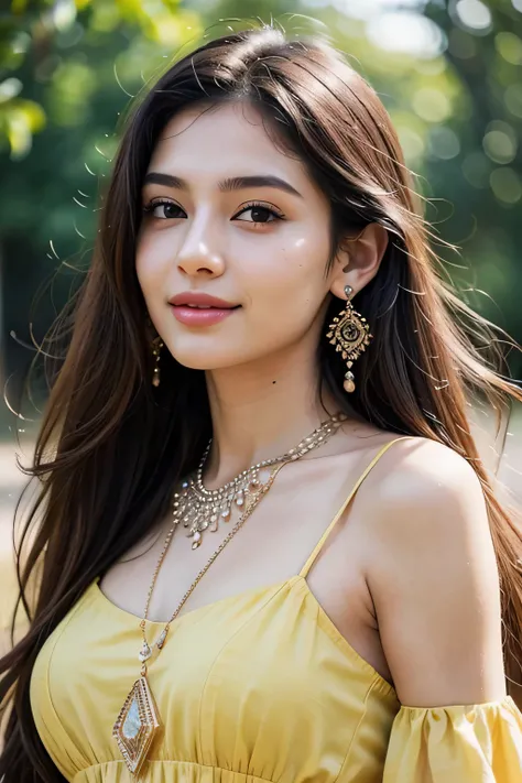 a woman with long hair wearing a yellow dress,earings and necklace, beautiful girl model, very beautiful girl, beautiful model girl, cute smile,very pretty model, realistic cute girl painting, beautiful young girl, beautiful female model, high quality port...