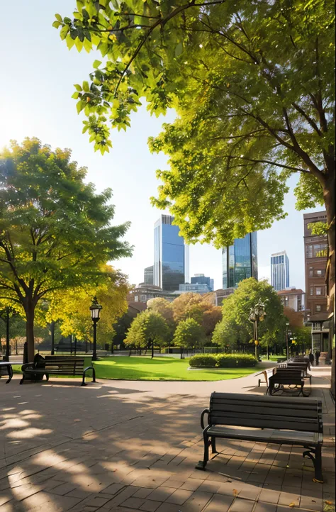 Realistic, city, afternoon, sunlight, bench, buildings , tree leaf