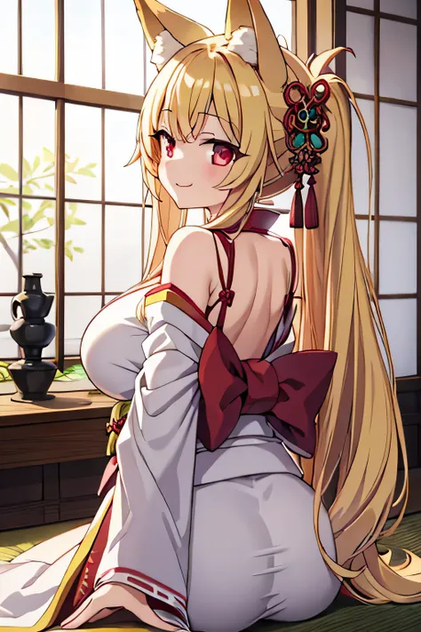 highest quality、smile、Big Breasts、Fox ears、Long blonde、Red Eye、kimono、Are standing、Japanese-style room、Back view、back