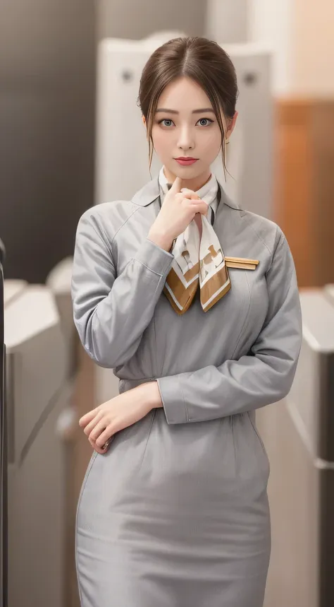 starlux airlines silver short sleeve uniform、earrings、captivating look、long hair updo、evening updo、young japanese woman