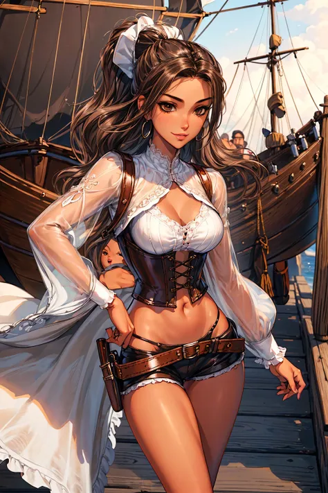 (masterpiece), best quality, expressive eyes, perfect face, (pirate ship background), (standing), (smirk), (closeup view), (1girl, vanessa alessia, dark skin, tanned skin, brown hair, wavy hairstyle, brown eyes, hourglass figure, thin body, skinny body, pe...