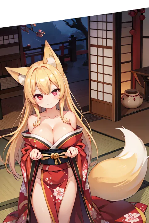 highest quality、smile、Big Breasts、Cleavage、Fox ears、Long blonde、Red Eye、kimono、Are standing、Arms crossed、Japanese-style room