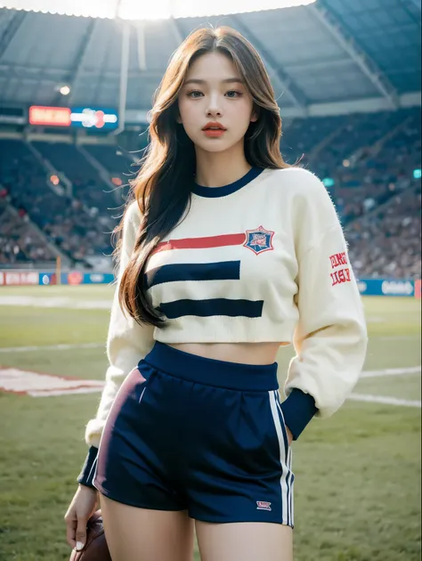 Masterpiece, superlative, realistic, Jennie wearing trendy football uniforms, knitwear, football shorts, HD, photography lighting, 16k