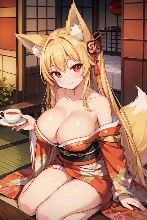 highest quality、smile、Big Breasts、Cleavage、Fox ears、Long blonde、Red Eye、kimono、Japanese-style room、Drinking tea