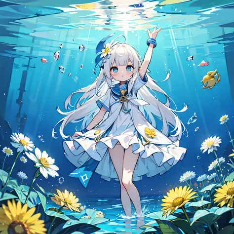 In the bright blue sea,squid,Squid Personification,White color girl,White Hair,White clothes,Dandelion flower,Yellow Flower,Flowers growing on the seabed,Bright lighting