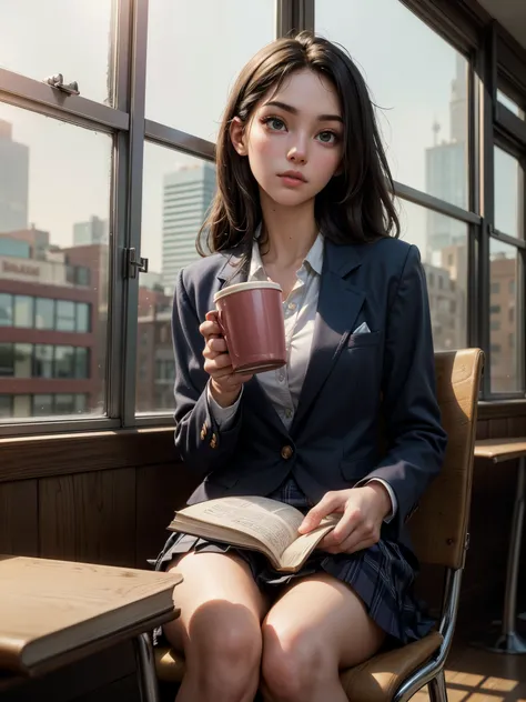 (8K, RAW photo, highest quality, masterpiece: 1.2), High-definition RAW color photo, professional photography, cinematic light, alone, (((young woman, gal))), High school girl drinking coffee at a cafe, (school uniform, collared shirt, blazer, long sleeve,...