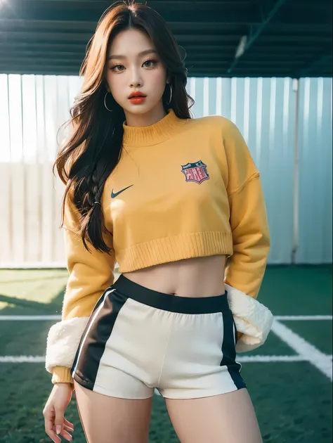 Masterpiece, superlative, realistic, Jennie wearing trendy football uniforms, knitwear, football shorts, HD, photography lighting, 16k