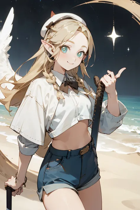 Wearing a bikini、Wearing a hat and a sword, Wearing headphones,(masterpiece, best quality) detailed,silver accessories , Blonde ,elegant, Pointed ears ，White shirt，shorts，Double tail，Waist-length hair，Smile，Star decoration，White lace socks，Angel，