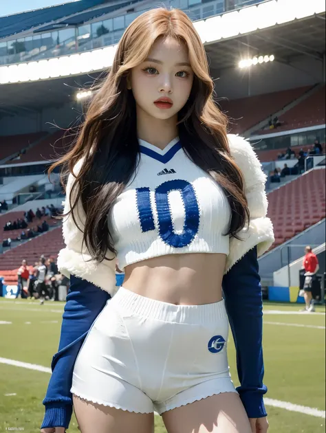 Masterpiece, superlative, realistic, Jennie wearing trendy football uniforms, knitwear, football shorts, HD, photography lighting, 16k