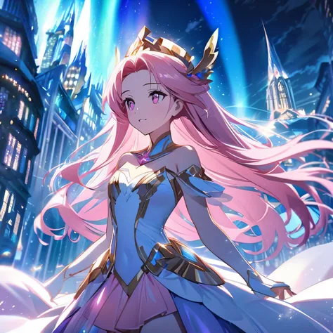 (Girl with beautiful pink eyes), (Pink semi-long hair) A beautiful robot princess, wearing the glow of the aurora, runs through the night city. The light of the aurora spreads around her, her beauty is magical. And at the center of the scene stands a beaut...