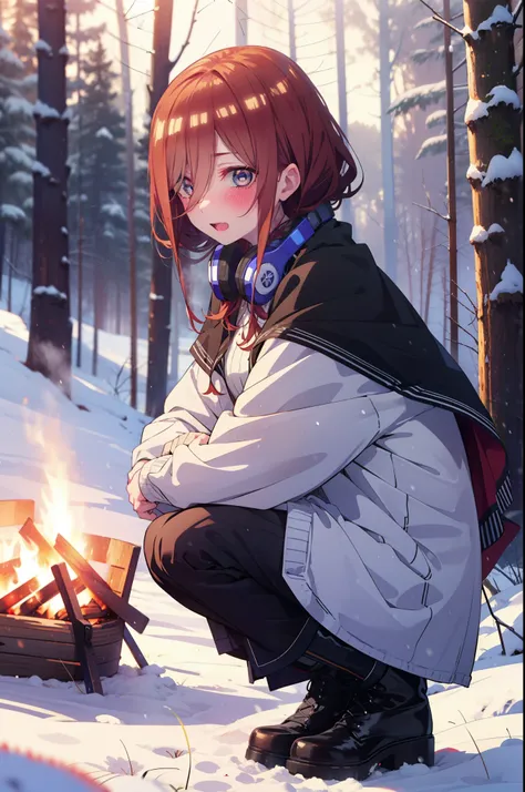 Miku Nakano, Miku Nakano, Long Hair, bangs, Brown Hair, shirt, Hair between the eyes, cardigan, Headphones around neck,smile,blush,White Breath,
Open your mouth,snow,A bonfire on the ground, Outdoor, boots, snowing, From the side, wood, suitcase, Cape, Blu...