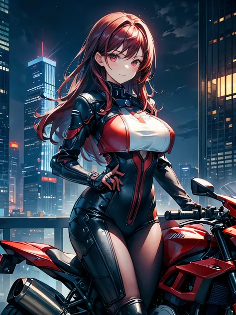 highest quality、Nice sexy body、One Woman、solo、(Beautiful busty woman:1.5)、Medium hair woman、((Woman with dark red hair))、A woman in a mechanical suit、Smiling woman、Future City、A woman riding a futuristic motorcycle、Skyscrapers at night