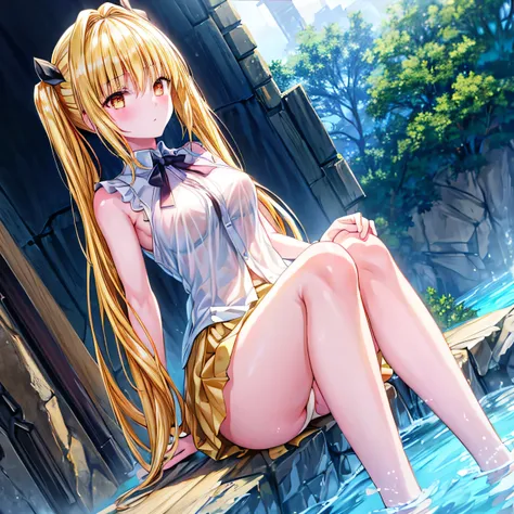 realistically, golden eyes, twintail, glowing eyes, golden hair, white short skirt, extra short skirt, Blush, daytime, Wet, see through, sleeveless shirt, nipples, pussy, embarrass, Sit with your knees raised, windy, yami, the skirt is turned up, highest q...