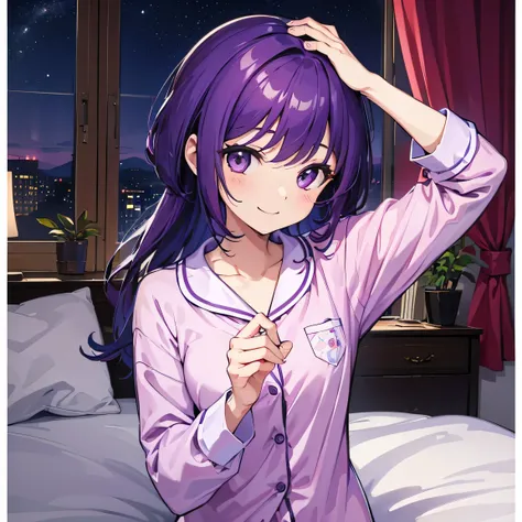 (T Masterpiece，4k wallpaper，Best Quality))、((girl１people))、(solo)、Bright and Brilliant，(Purple Hair)、(Shortcuts:1.3)、smile、Bedroom、pajamas、night