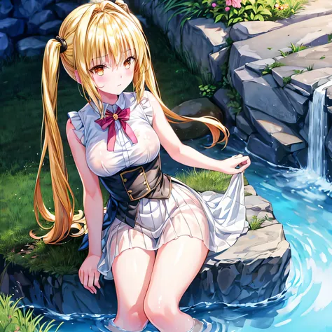 realistically, golden eyes, twintail, glowing eyes, golden hair, white short skirt, extra short skirt, Blush, daytime, Wet, see through, sleeveless shirt, nipples, pussy, embarrass, Sit with your knees raised, windy, yami, the skirt is turned up, highest q...