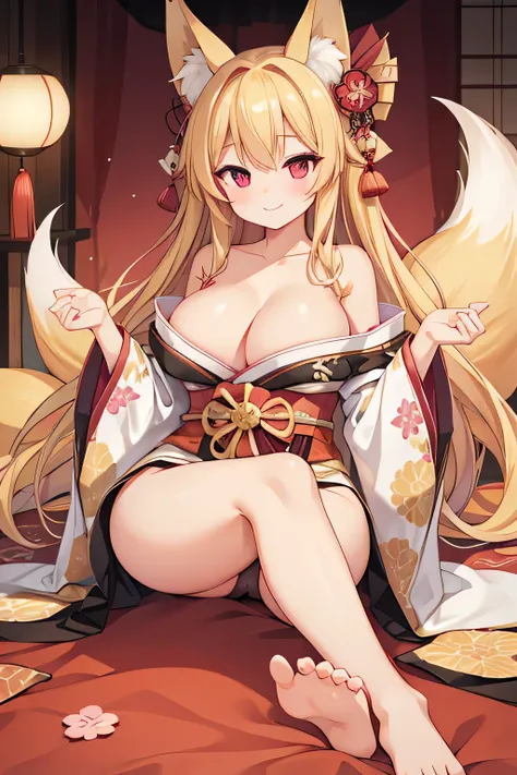 highest quality、smile、Big Breasts、Cleavage、Panty shot、Fox ears、Long blonde、Red Eye、kimono、Japanese-style room