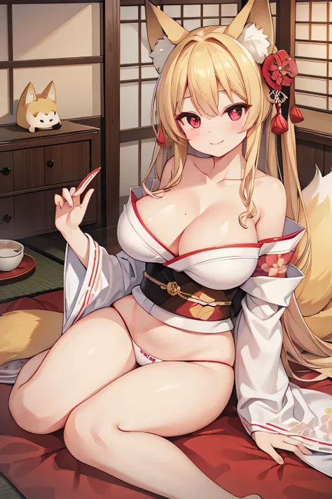 highest quality、smile、Big Breasts、Cleavage、Panty shot、Fox ears、Long blonde、Red Eye、kimono、Japanese-style room