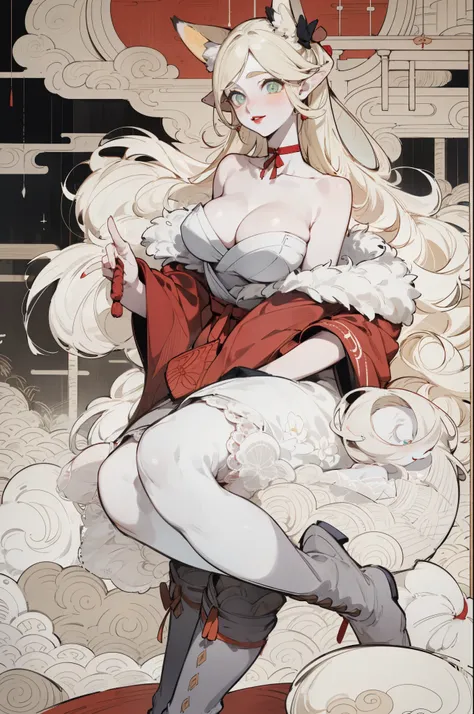 White skin, (Fox ears), Exquisite eyes,Red Eyeshadow, Red lips,Fake laugh, Ukiyo-e, masterpiece, high quality, at the lowest limit, Tiny,White boots，Huge breasts，Bare shoulders，，Lace，Lace stockings，Lace skirt，Maid