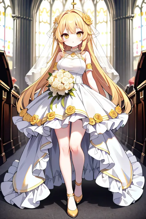  full body short yellow eyes long yellow hair wedding dress church big breasts cute best quality baby face bouquet