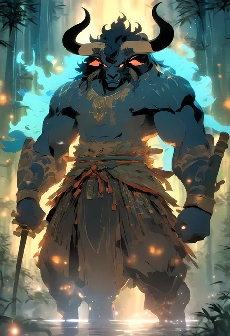 Minotaur in Greek mythology，Wearing Chinese armor，He wears a blue robe over his armor，Inspired by mountains and oceans，Black Minotaur，trumpet，armor，Long-handled weapon，spear，Moon Bull Warrior, Anthropomorphic samurai cow，night，bamboo forest，moonLight，Chine...