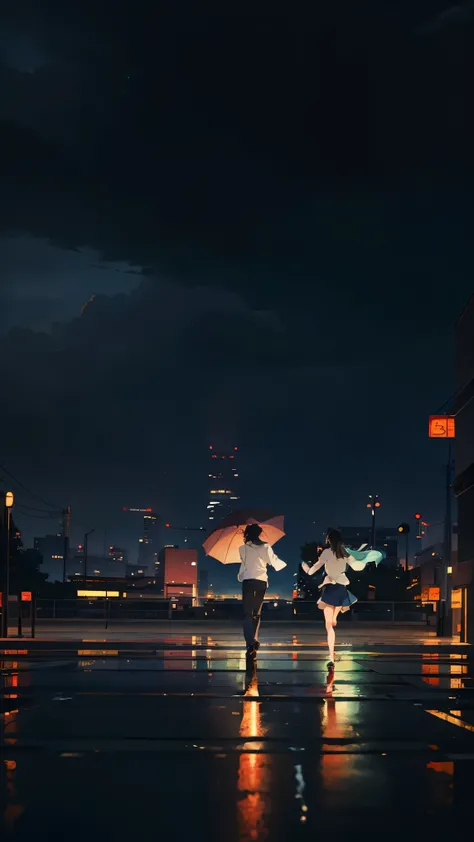 Xin Haicheng, A couple running in the rain at night without an umbrella, smiling broadly, Nostalgic, Back view, In front of Tenma Station, Osaka, Soaking wet, beautiful memory, 4k anime wallpaper, Anime Art Wallpapers 8K, anime art wallpaper 4k, anime art ...