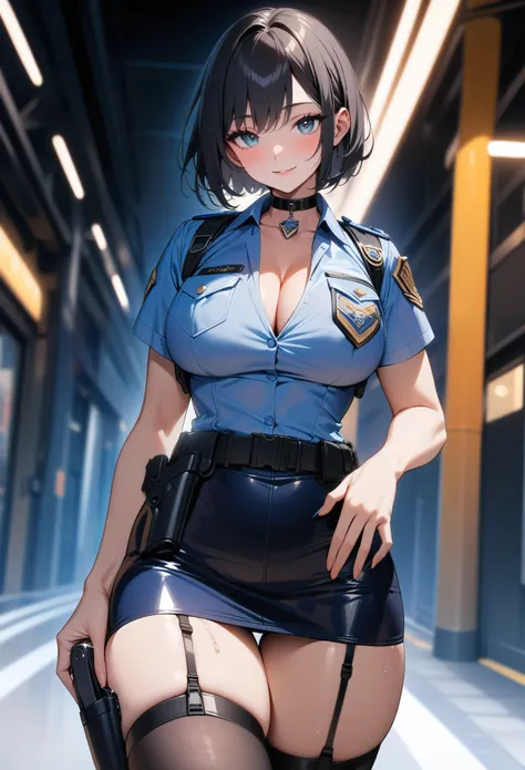 masterpiece, high quality, detailed eyes, 1girl, solo,black medium hair, bobcut, bangs, (large breast1.0),  light smile, (muscular:0.5), white police uniform,arm badge,  short sleeves, breast pocket, belt, cleavage, Cropped tops, blue short Pencil Skirt,  ...