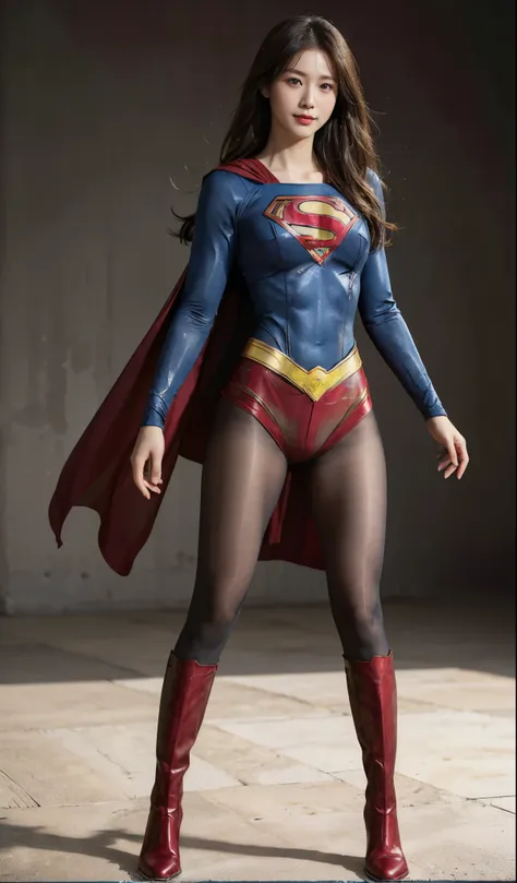 No background、(((Beautiful legs in black tights.)))、(((Legally express the beauty of your smile)))、((((Make the most of your original images)))、(((Supergirl Costume)))、(((Beautiful Hair)))、(((suffering)))、(((Please wear black tights....、Wear red boots)))、(...