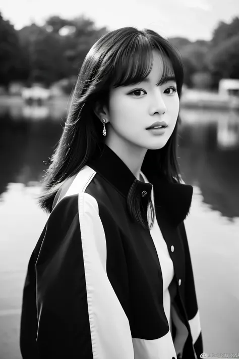 arafed woman with a black and white shirt and a black and white jacket, lalisa manoban of blackpink, roseanne park of blackpink, shot on canon eos r5, shot on canon eos r 5, portrait of jossi of blackpink, lalisa manobal, portrait of female korean idol, ro...