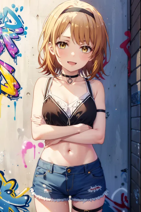 irohaisshiki, Iroha Isshiki, short hair, Brown Hair, (Brown eyes:1.5), smile,,happy smile, smile, Open your mouth,Short braided hair,Headlock,Yellow Headband Belly Button Tank Top,Denim shorts, choker, (graffiti:1.5), Paint splashes, Place your arms behind...