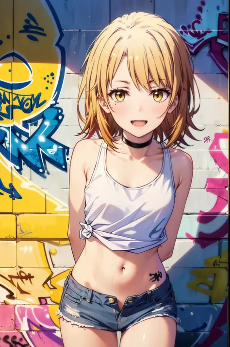 irohaisshiki, Iroha Isshiki, short hair, Brown Hair, (Brown eyes:1.5), smile,,happy smile, smile, Open your mouth,Short braided hair,Headlock,yellow headband, Belly button,Tank top,Denim shorts, choker, (graffiti:1.5), Paint splashes, Place your arms behin...