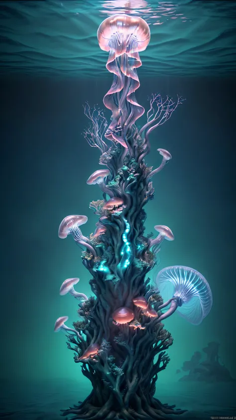 masterpiece, best quality, (Very detailed CG Unity 8k wallpaper), (best quality), (Best Illustration), (Best shadows), Ocean themed，Incorporating natural elements. Tall mangroves, rich Marine plants, Glowing jellyfish, surrounded by fish, Glowing Particle ...