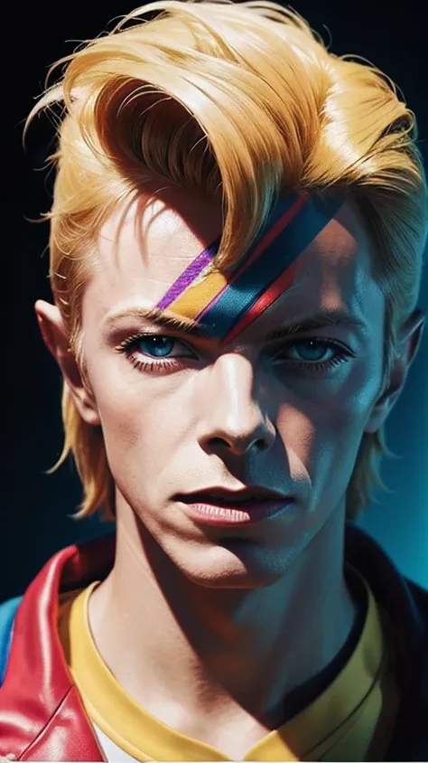 A striking pop art illustration of "David Bowie" from the 1960s with bright BLOND hair, wearing a YELLOW dot SHIRT, inspired by pop art, op art, octane, zoom burst. Cinematic, ambient occlusion, volumetric lighting, shot on Sony A7S III, f/ 9. 0, 1/ 5. haz...