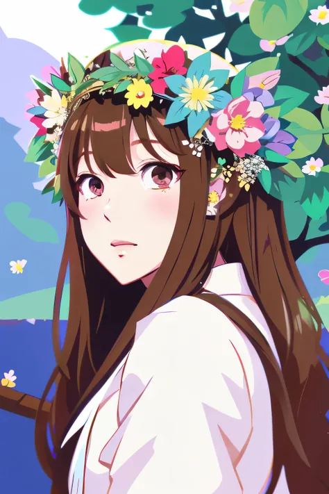 there is a woman with a flower crown on her head, marin kitagawa, marin kitagawa fanart, sakura kinomoto, harumi, sakimimichan, artstyle hiraku tanaka, official artwork, mihoyo art style, chiho, album cover, mihoyo, rei hiroe, portrait n - 9