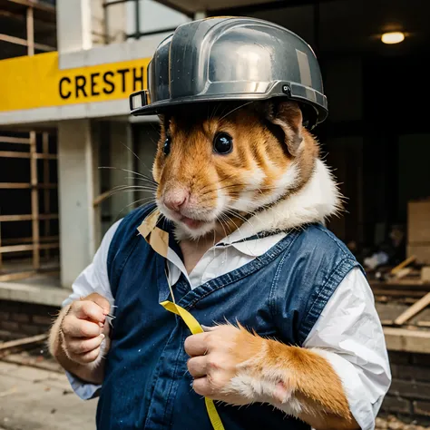 hamster while crosshand and wearing construction hat