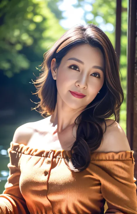 Professional, High level of detail, close up photo (attractive mature 45yo woman:1.3), long black hair,(red long dress, off shoulder, satin long skirt)1.455, ray tracing, natural lighting, (seductive:1.1), (blushing:1.1 ), detailed finger, perfect finger, ...