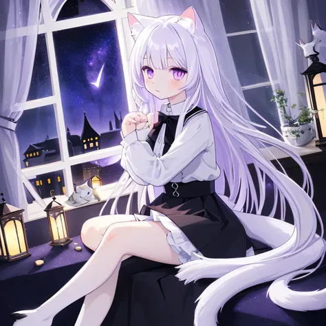 White cat,Cat Girl,Long, thin tail,Bright purple eyes,Straight Hair,Long Hair,White blouse,Black Skirt,Midnight,Starry sky seen from the window,Perch at the window