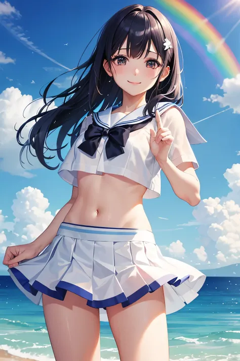 （（highest quality、Masterpiece、Normal body、8k、Detailed face、Ultra-precision、Normal hand、Normal finger、５Finger、Highest））rainbow色髪、Sailor suit、Miniskirt、High leg、Gentle Breeze、Shy smile、Courtesy、Grab the skirt with both hands、water droplets、Wet and see-throug...