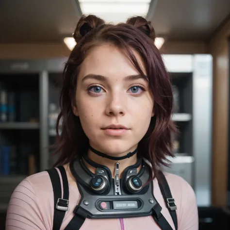 photo of a college student, Purple-Pink Gradient, futuristic space suit, (freckles:0.8) cute face, sci-fi, dystopian, detailed eyes, Heterochromia eyes（（Side view））Back Room，Breething burgundy hair，Jump，be born